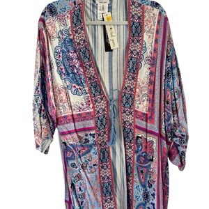 Tribal Multicolor Paisley Open-Front Reversible Kimono in Blue, Pink & White S/M